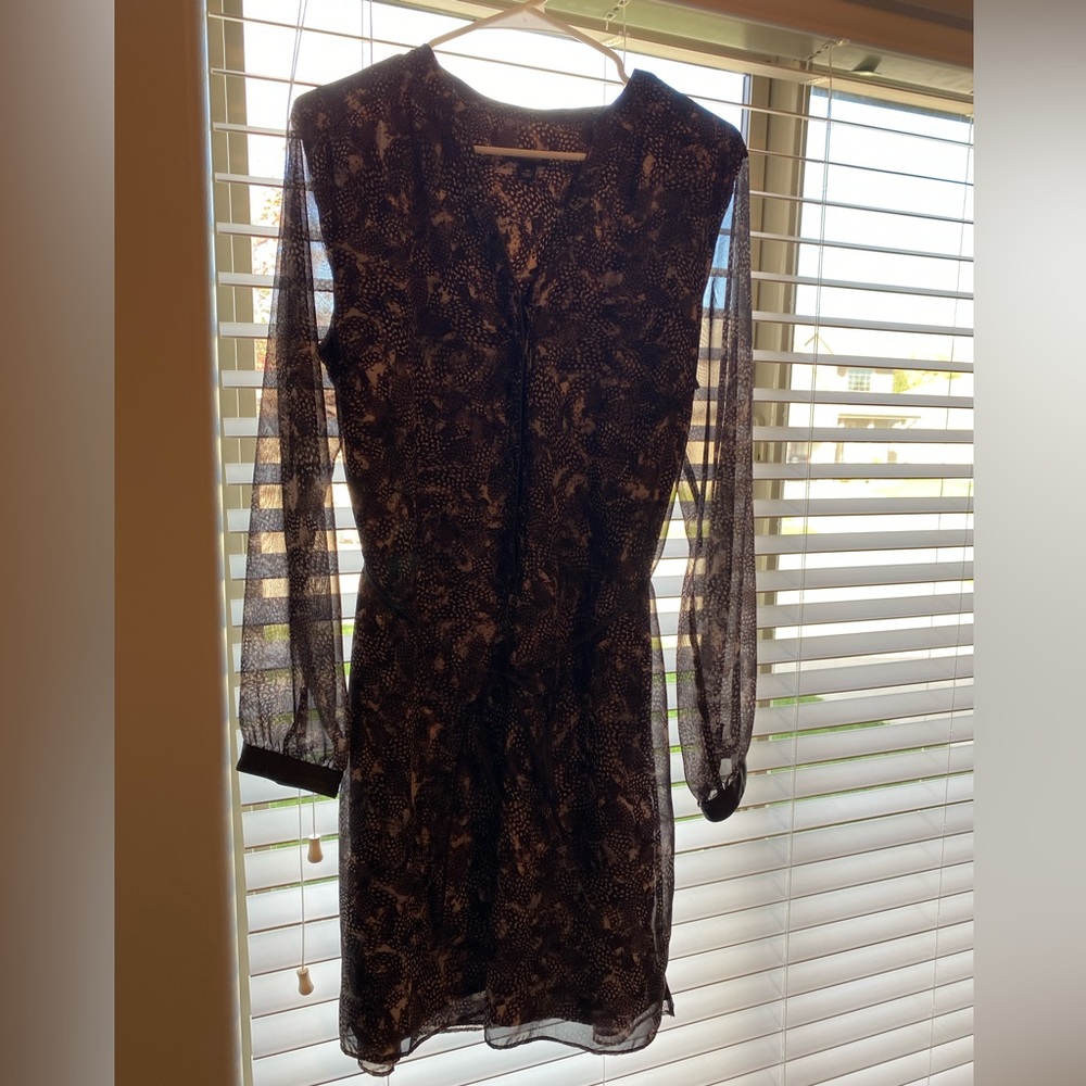 Ann Taylor knee length dress with sheer sleeves and a leather wrap belt.